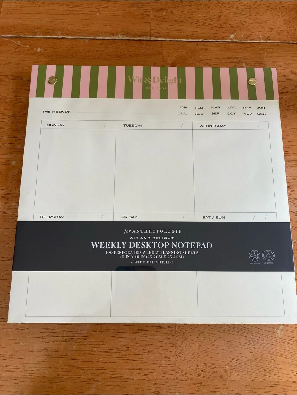 Anthropologie Pink & Green Striped Weekly Desktop Notepad - NEW in wrapper!